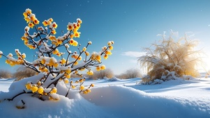 冬日唯美腊梅花下雪景大自然风景