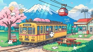 雪山樱花列车小狗