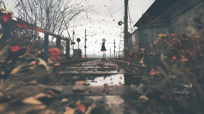 秋日雨天久铁轨少女