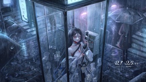 4K 雨夜电话亭女孩