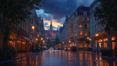 雨中的浪漫城市街景