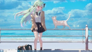 海边女孩与猫主题壁纸