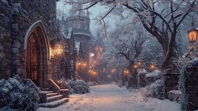 欧式小镇的冬日傍晚街景