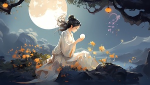 中秋赏月女孩
