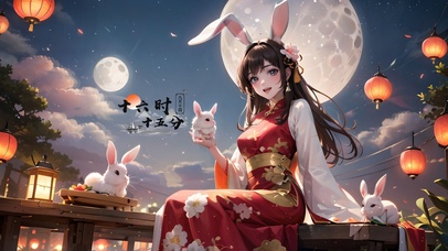 中秋节月圆兔耳少女