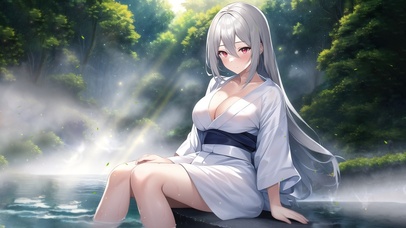 4K清纯白发动漫森林温泉少女