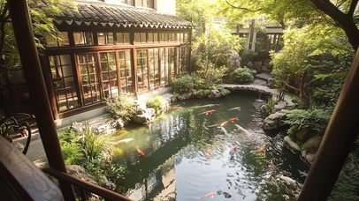 古色古香园林庭院池塘