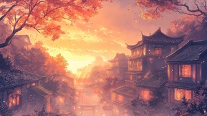 落日晚霞中的小镇风景