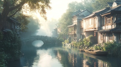 静谧朦胧水乡建筑