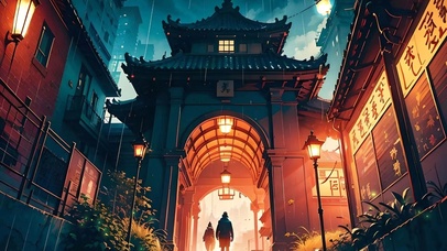 夜晚雨中的中国风城市