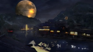 夜晚森林湖泊村庄