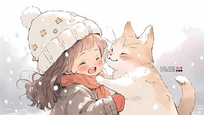 抱着猫咪看雪