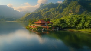 4K 户外小屋 碧水蓝天