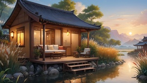 傍晚芦苇荡小屋