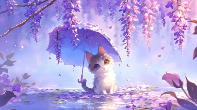 细雨花下小猫