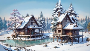 雪后池塘边的小屋