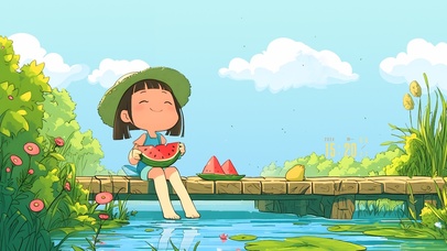 夏日西瓜池塘女孩