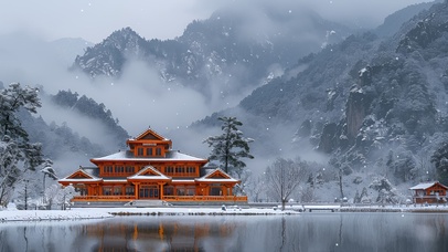 雪景山水寺庙