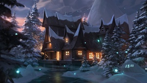 蓝色萤火与雪中小屋