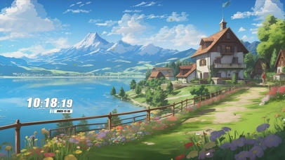 蓝天白云河流树木景色