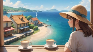 海边喝咖啡的少女