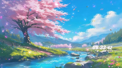 唯美蓝天白云樱花溪流景色