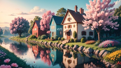 4K唯美治愈梦幻樱花河流木屋