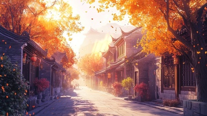 绚烂秋日古镇石板路