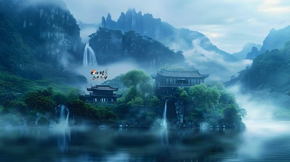 古墨瀑布森林湖水