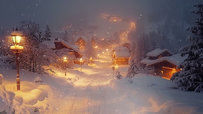  雪天法式风情小镇夜景