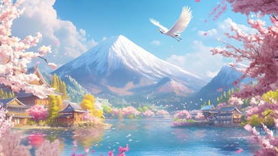 治愈富士山雪景海边木屋樱花风景