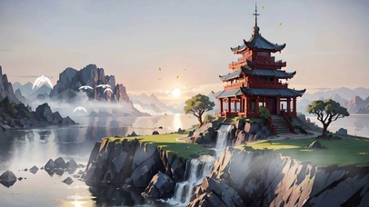 湖边日出古风建筑