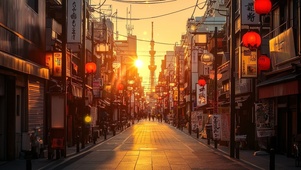 落日时刻的日式街道