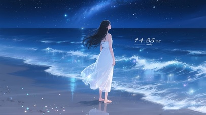 夜晚海边白裙少女