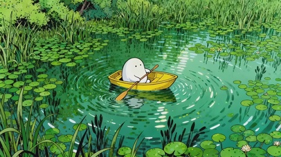可爱治愈绿野划船