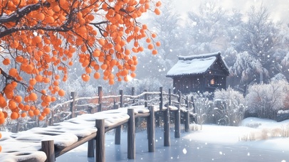 雪中桥边柿子树