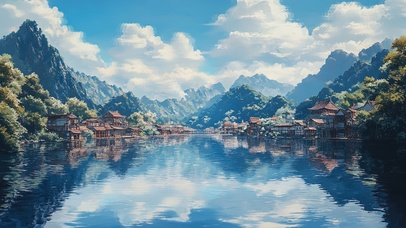 山水湖畔蓝天古镇