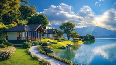 护眼清新湖边房屋