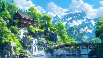 白云青山森林瀑布