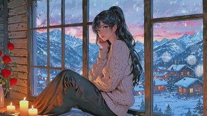 落地窗前的忧郁少女