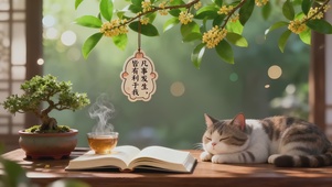 国风茶桌酣睡猫咪
