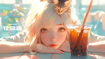 喝奶茶嘛？美女与猫