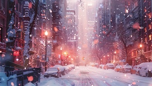 雪中的城市黄昏