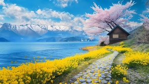 湖泊樱花小屋