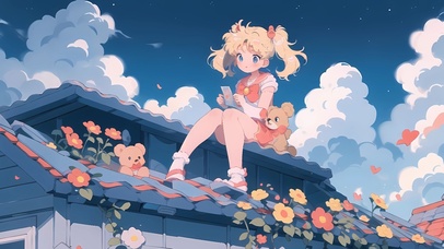 坐在屋顶的女孩