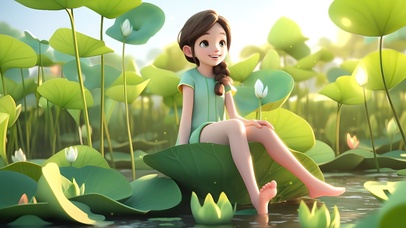 小清新夏日荷塘少女