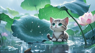 荷塘躲雨小猫