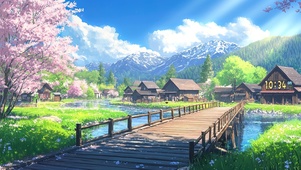 樱花木桥流水村落