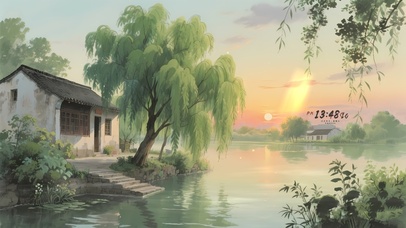 盛夏傍晚河边垂柳