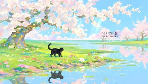 溪边桃花树下猫咪
